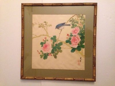 400x300 Vintage Japanese Signed Watercolor Painting On Silk Bird On Branch - Vintage Japanese Watercolor Paintings