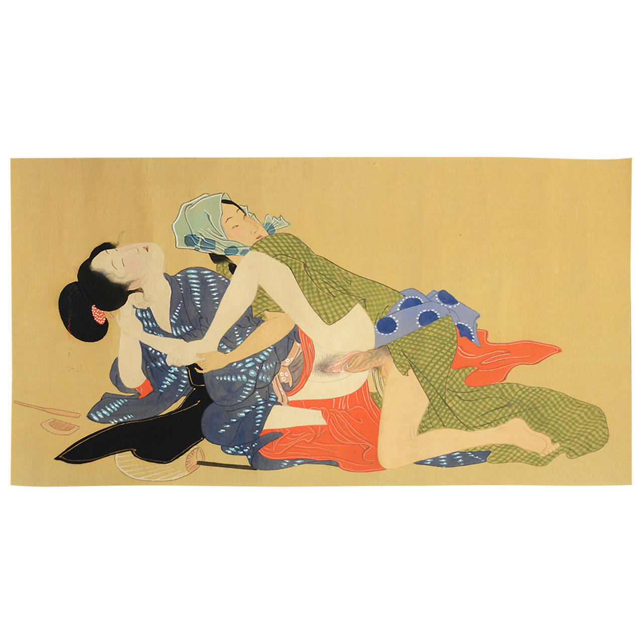 1280x1280 Vintage Japanese Erotic Shunga Scroll, Early 20th Century - Vintage Japanese Watercolor Paintings