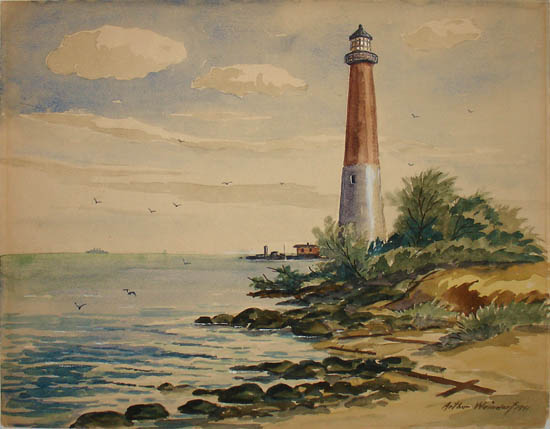550x429 Landscape Art, New Jersey, Barnegat Lighthouse, Arthur Weindorf - Vintage Watercolor