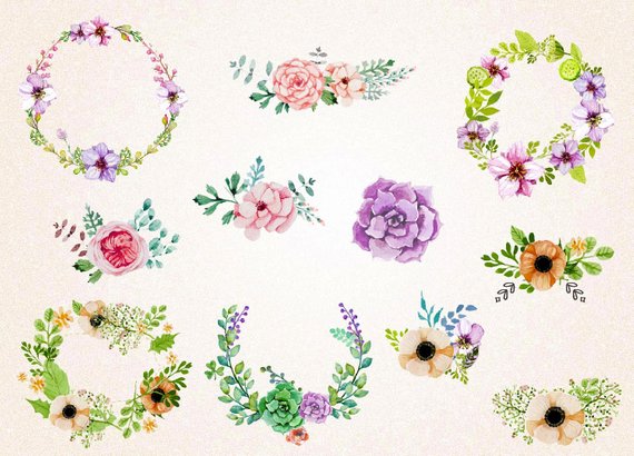 570x410 Watercolor Flowers Svgpngvintage Watercolor Wreaths Amp Etsy - Vintage Watercolor Flowers