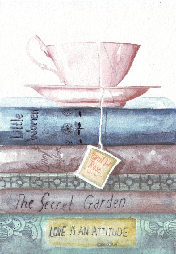 570x821 Original Watercolor Painting Teacup Vintage Books Classic Reads - Vintage Watercolor Paintings