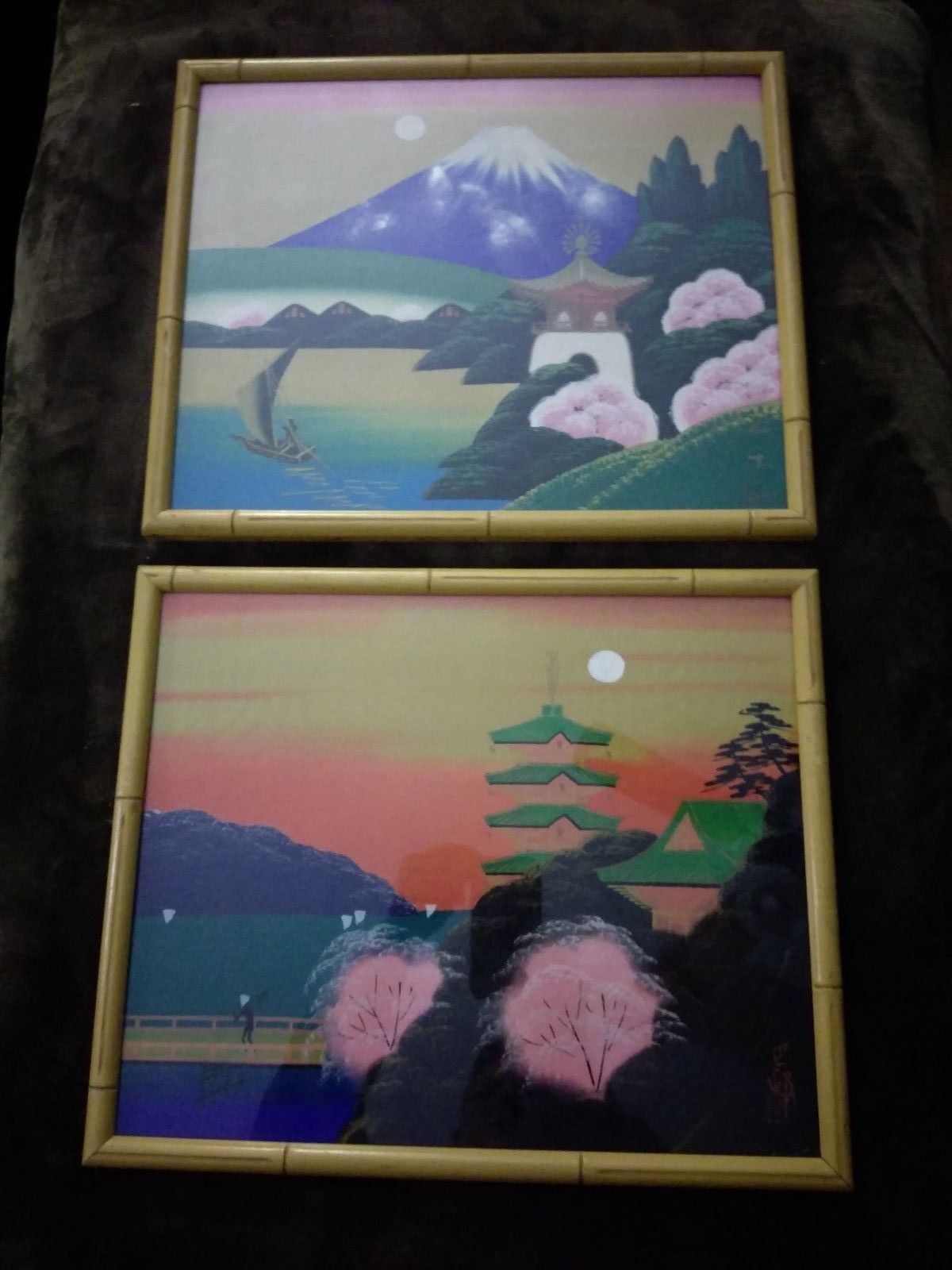 1200x1600 Pair Large Vintage Watercolor Paintings On Silk Bamboo Wood Frames - Vintage Watercolor Paintings