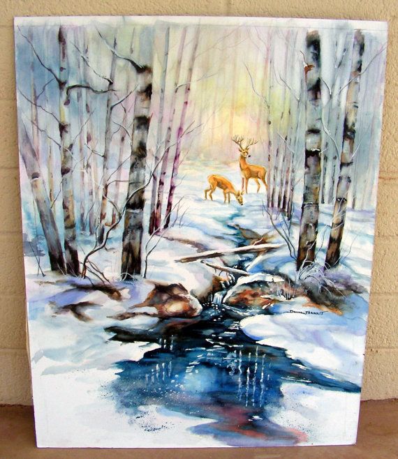 570x658 Vintage Watercolor Winter Painting Signed Donna Sharrit Deer - Vintage Watercolor Paintings