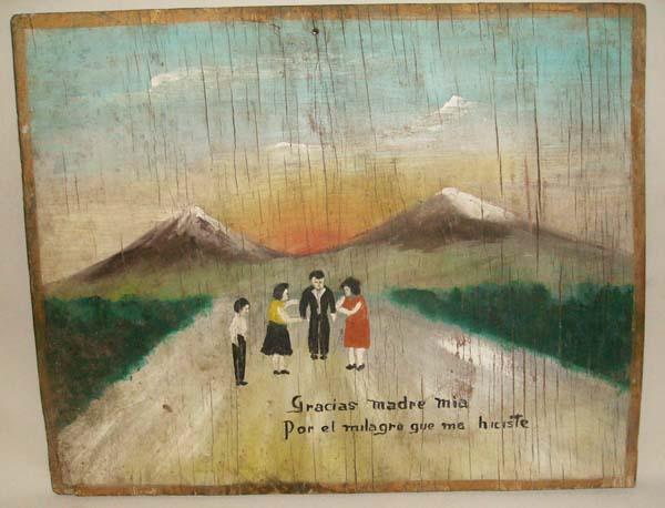 600x458 Vintage Mexican Ex Voto Painting On Tin - Vintage Watercolor Tin