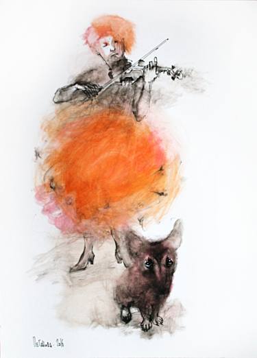 375x522 Saatchi Art Violin Player With A Dog Painting By Olga Peganova - Violin Watercolor Painting