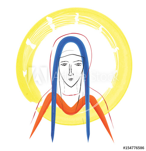 484x500 Blessed Virgin Mary Sketch, With Ma Monogram Stylised With - Virgin Mary Watercolor