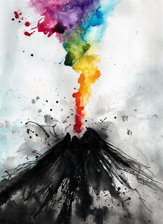 570x784 Ink Art Abstract Painting On Canvas 8x12in Rainbow Volcano 8x11 - Volcano Watercolor
