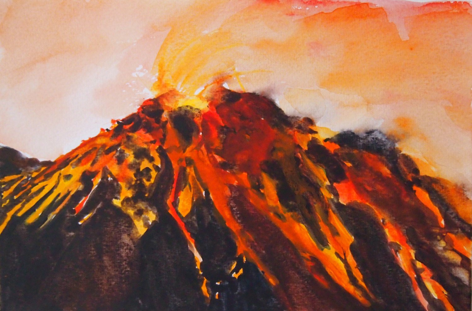 1500x990 Volcano Watercolor Print Etsy - Volcano Watercolor