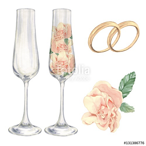 500x500 The Champagne Glasses With Roses. Bridal Set Rings. For Festive - Water Color Champagne