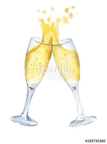 371x500 Two Glasses With Champagne Clink Glasses With A Splash. New Year - Water Color Champagne