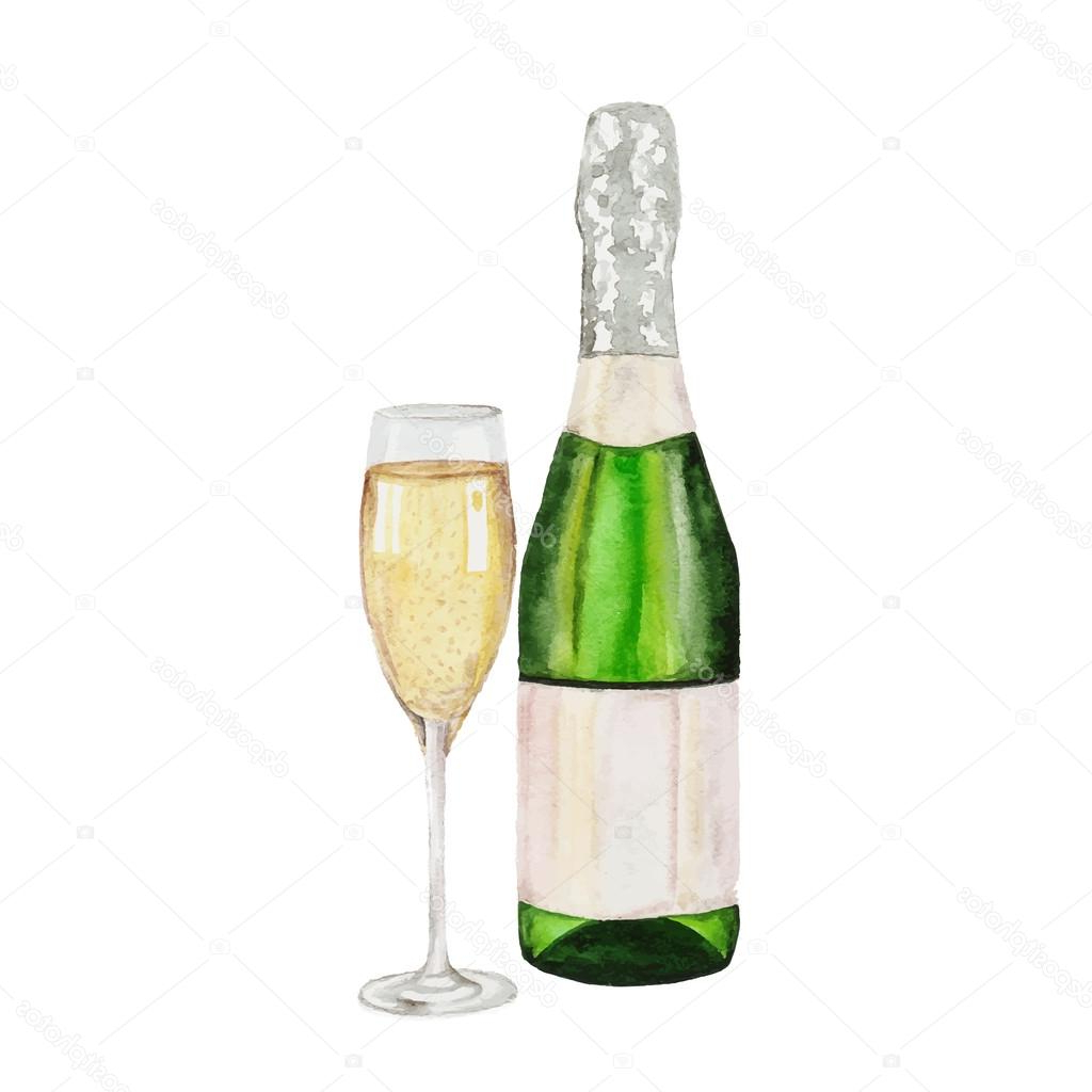 1024x1024 Watercolor Painting Glass Bottles Champagne Bottle And Champagne - Water Color Champagne