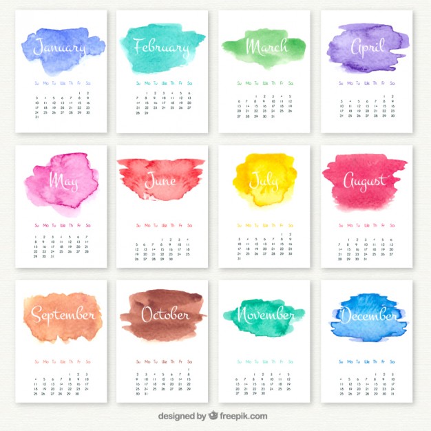 626x626 Yearly Calendar With Watercolor Stains Vector Premium Download - Watercolor 2016 Calendar