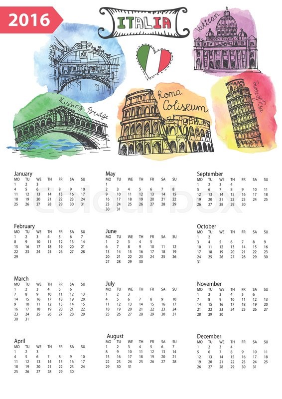 566x800 Calendar 2016 New Year.italy Famous Landmarks Panorama ,skyline - Watercolor 2016 Calendar