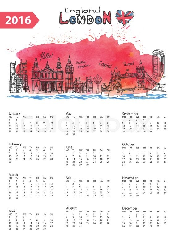 566x800 Calendar 2016 New Year.london Famous Landmarks Panorama ,skyline - Watercolor 2016 Calendar