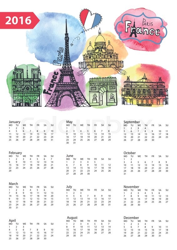 566x800 Calendar 2016 New Year.paris Famous Landmarks Panorama ,skyline - Watercolor 2016 Calendar