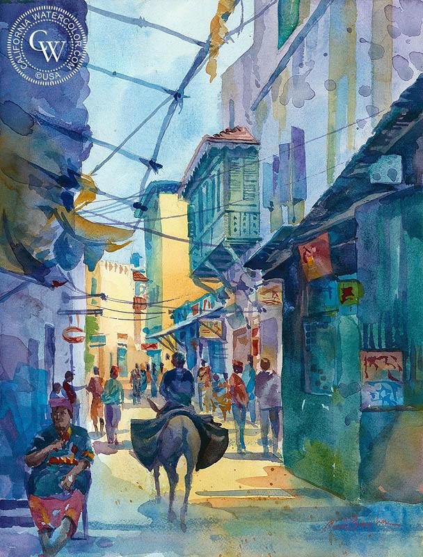 608x800 Street On Lamu Island, Kenya, A Watercolor Painting By Sid Bingham - Watercolor