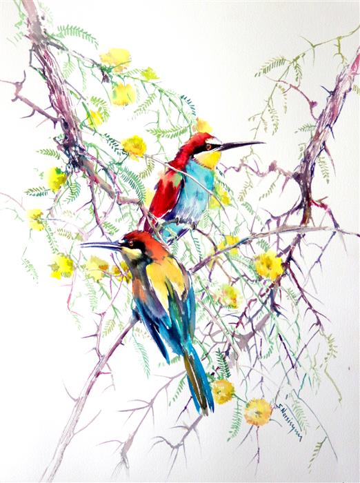 522x700 European Bee Eaters And Acacia By Suren Nersisyan - Watercolor Acacia