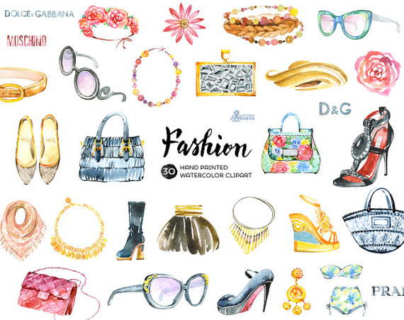 570x452 Fashion Watercolor Clipart. 30 Hand Painted Elements Shoes, Bags - Watercolor Accessories