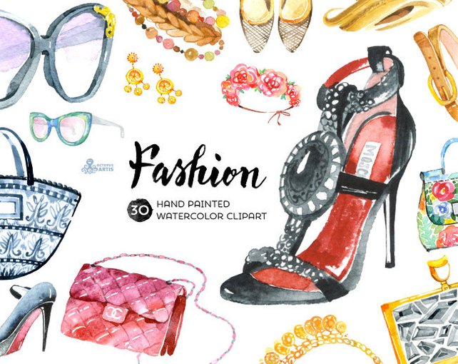 642x510 Fashion Watercolor Clipart. 30 Hand Painted Elements Shoes Etsy - Watercolor Accessories
