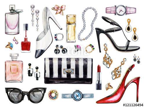 500x373 Set Of Various Watercolor Female Accessories. Makeup Products - Watercolor Accessories