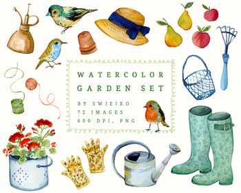 350x280 Watercolor Gardener Clipart Set, Garden Accessories, Birds - Watercolor Accessories
