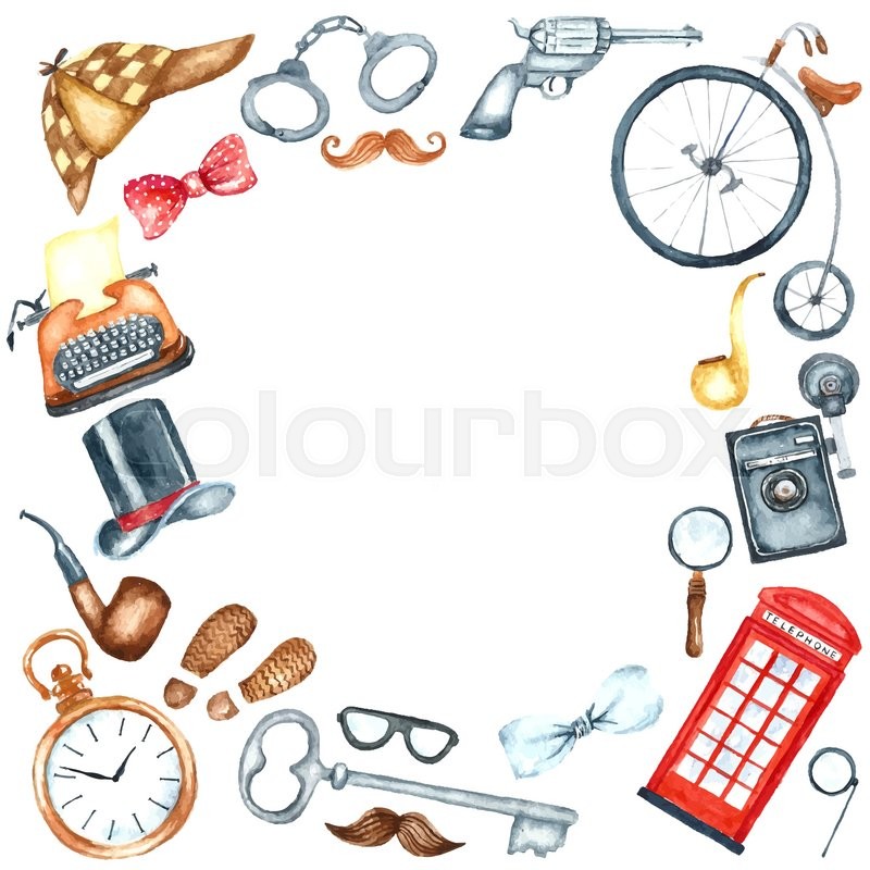 800x800 Watercolor Retro Detective Accessories Frame. Hand Draw - Watercolor Accessories