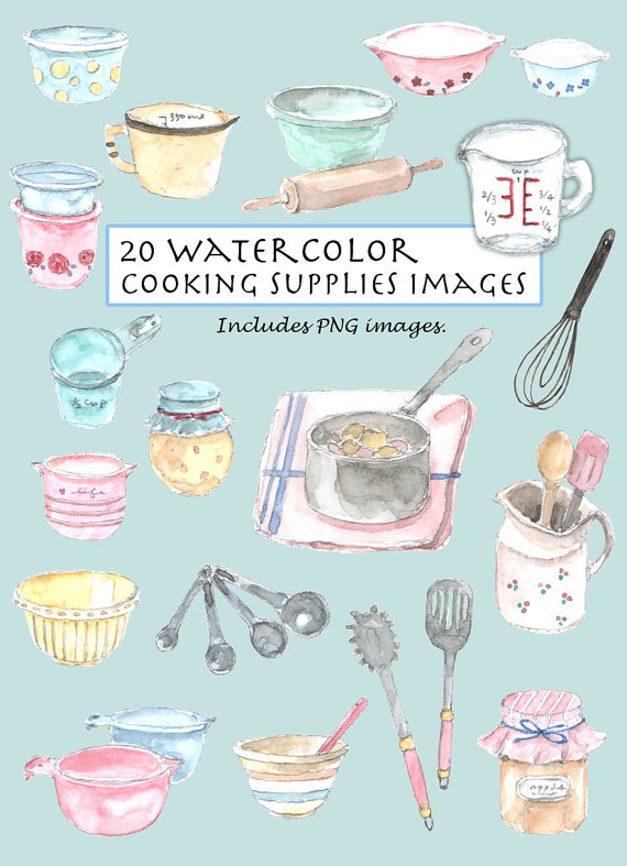 570x787 Clip Art Watercolor Vintage Cooking Supplies Set. 20 Images - Watercolor Accessories