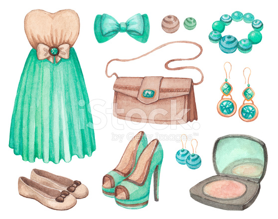 558x440 Collection Of Watercolor Dresses And Accessories Stock Vector - Watercolor Accessories