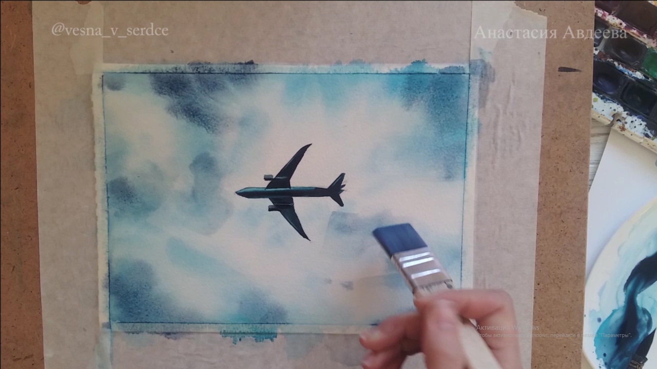 1280x720 How To Paint A Watercolor Sky And Airplane. Kak Narisovat Nebo - Watercolor Airplane