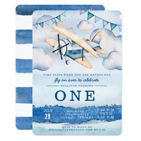 540x540 Watercolor Airplane Boy Birthday Party Invitations - Watercolor Airplane