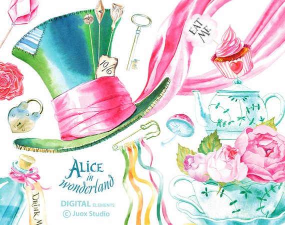 570x451 Alice In Wonderland Watercolor Clipart Digital Rose Bouquet Etsy - Watercolor Alice In Wonderland