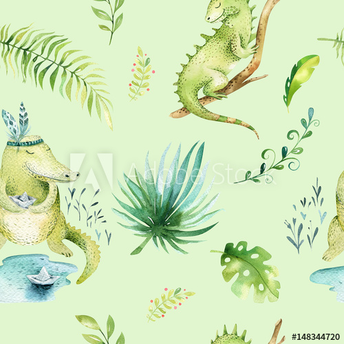 500x500 Baby Animals Nursery Isolated Seamless Pattern. Watercolor Boho - Watercolor Alligator