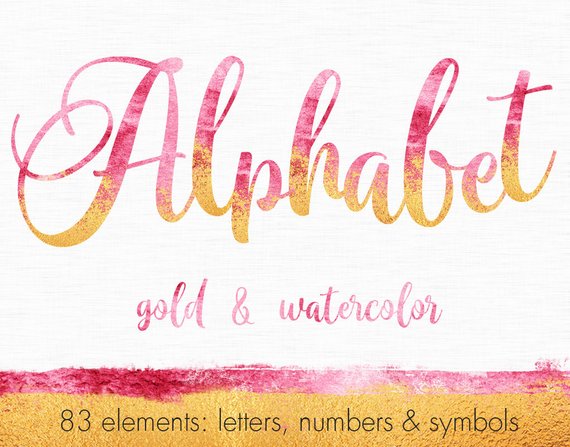 570x447 Pink Watercolor Alphabet Clipart Gold Watercolor Letters Clip Etsy - Watercolor Alphabet Font