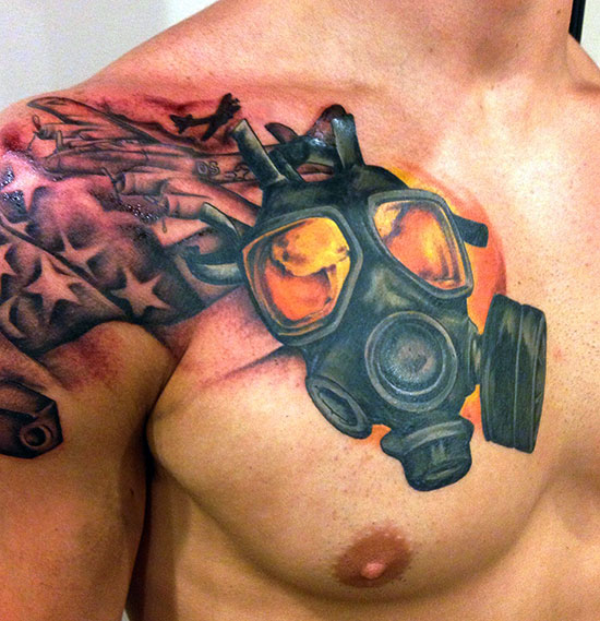 550x569 Gas Mask With American Flag - Watercolor American Flag Tattoo