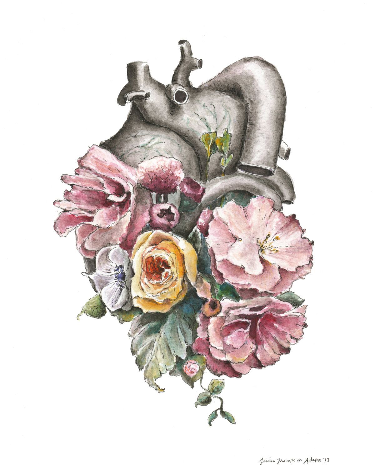1200x1500 Floral Anatomy Heart Watercolor Painting 8x10 Framed Heart - Watercolor Anatomical Heart