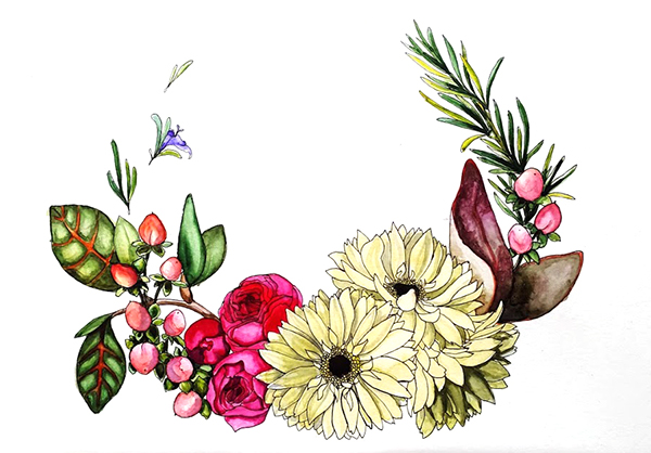 600x418 Flower Wreath, Watercolor + Ink On Behance - Watercolor And Ink Flowers