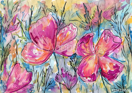 500x352 Abstract Pink Flowers On Meadow. Watercolor And Marker. - Watercolor And Marker