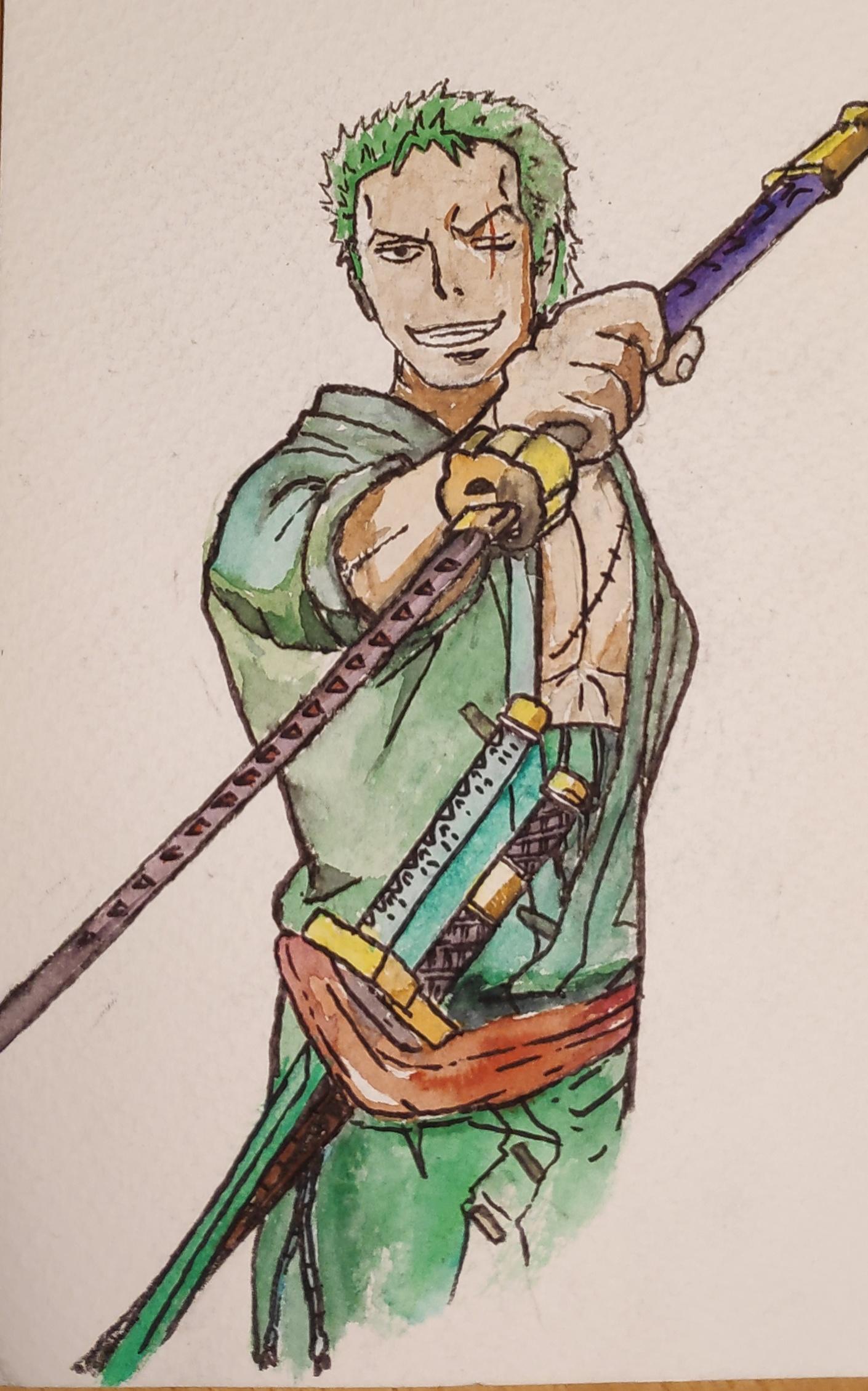 1410x2259 Zoro, 15x24 Cm , Watercolor And Marker Onepiece - Watercolor And Marker