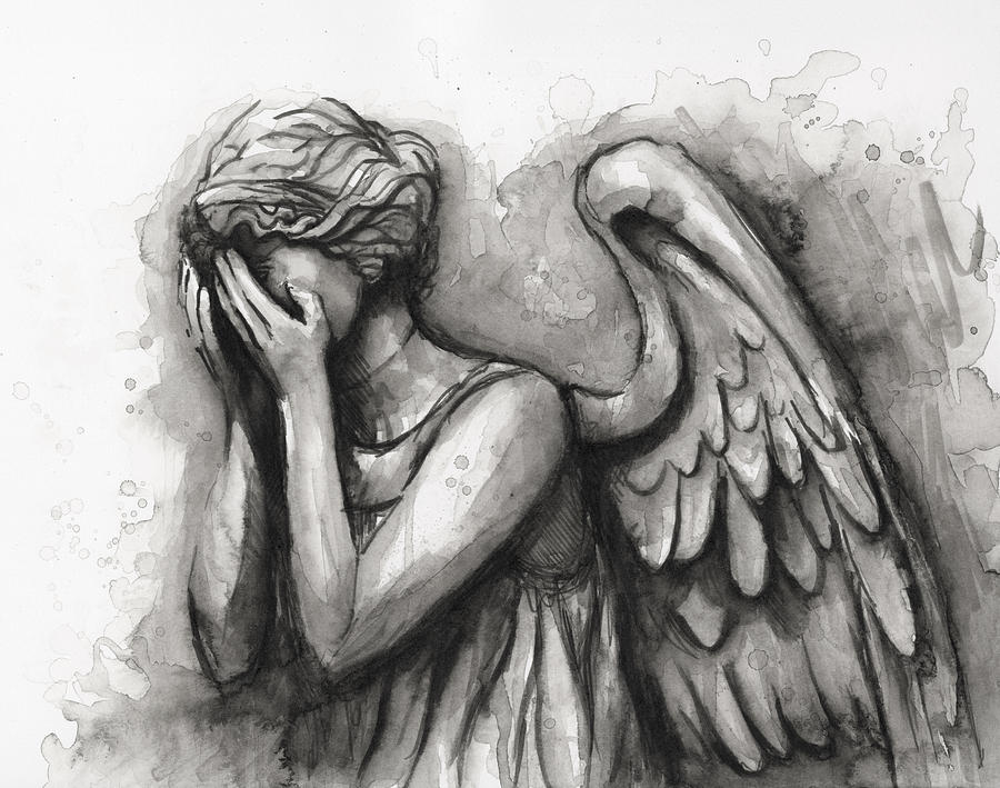 900x709 Weeping Angel Watercolor Painting By Olga Shvartsur - Watercolor Angel