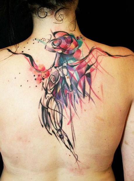 459x620 An Abstract Angel Watches Over This Woman From Within This - Watercolor Angel Wings Tattoo
