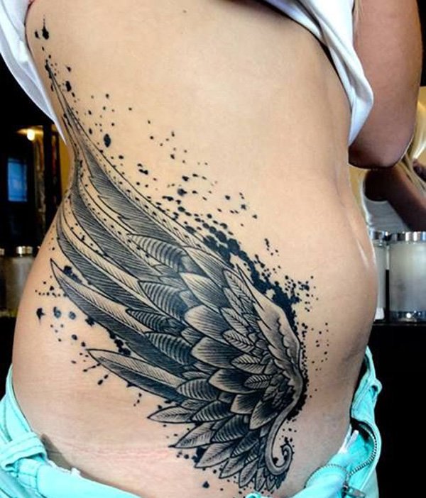 600x702 Fantastic Wings Tattoo Image Make On Waist Side - Watercolor Angel Wings Tattoo