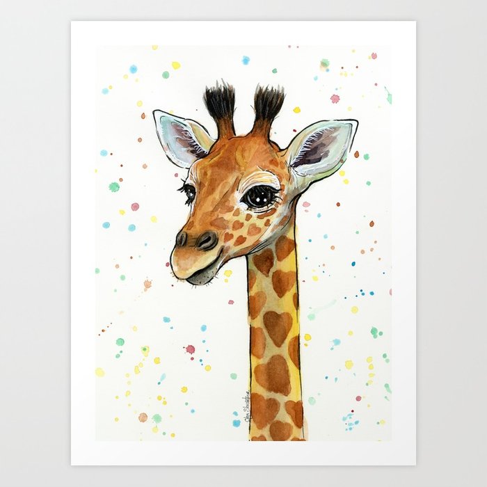 700x700 Baby Giraffe Nursery Print Watercolor Animal Portrait Hearts Art - Watercolor Animal Prints