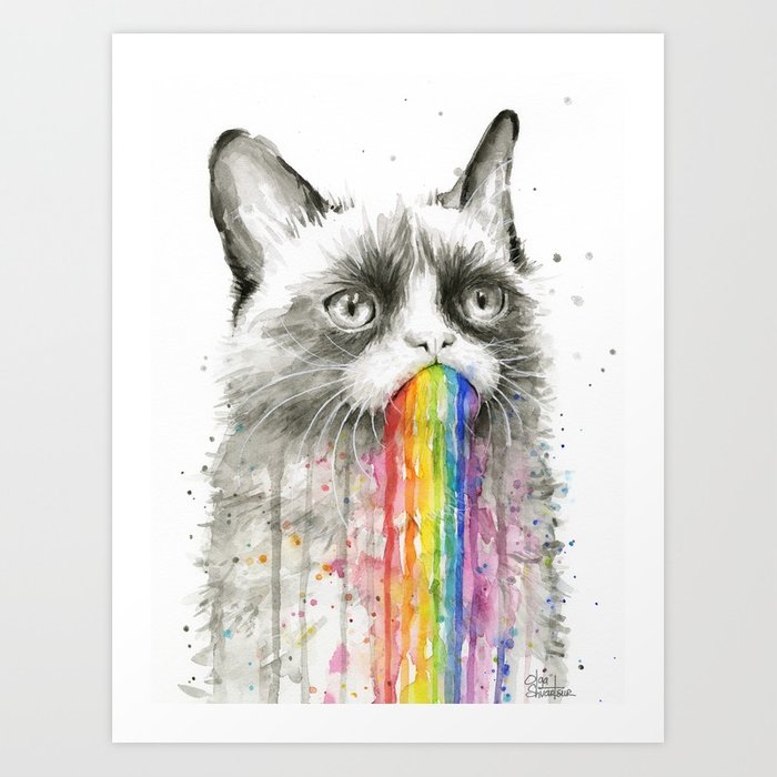 700x700 Grumpy Rainbow Cat Watercolor Animal Meme Geek Art Art Print By - Watercolor Animal Prints