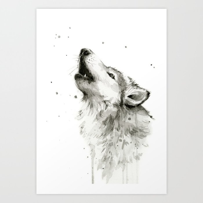 700x700 Wolf Howling Watercolor Animals Painting Black And White Art Print - Watercolor Animal Prints