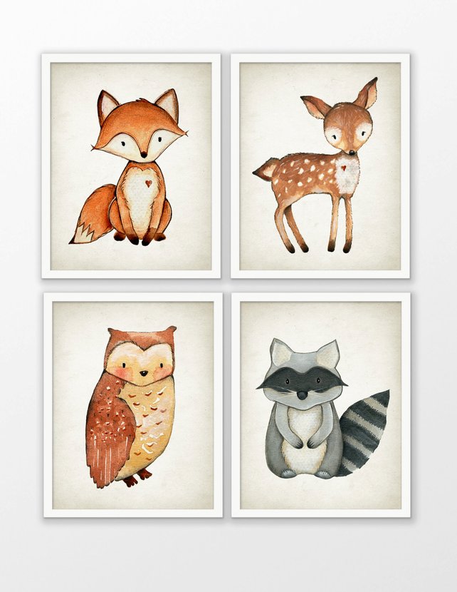 642x830 Woodland Watercolor Animals Nursery Prints Set Of 4 Fox Deer Etsy - Watercolor Animal Prints