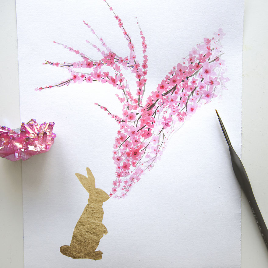 880x880 Enchanting Animal Silhouettes Shaped With Painted Cherry Blossoms - Watercolor Animal Silhouettes