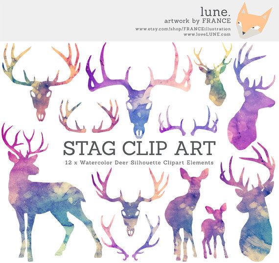 570x538 3 For 2. Watercolor Stag Silhouettes. Deer Christmas Clip Art - Watercolor Animal Silhouettes