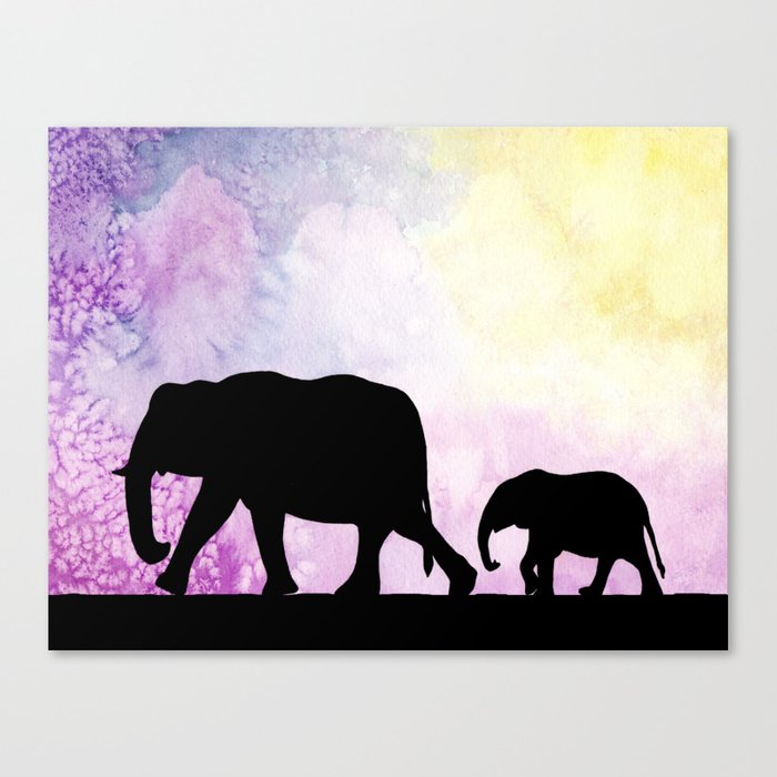 700x700 Mother And Baby Elephants Silhouettes Over Purple And Yellow - Watercolor Animal Silhouettes