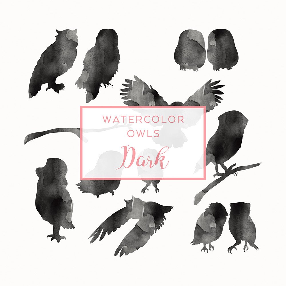 1000x1000 Owls Black Clip Art Animal Silhouette Graphics Watercolor Etsy - Watercolor Animal Silhouettes