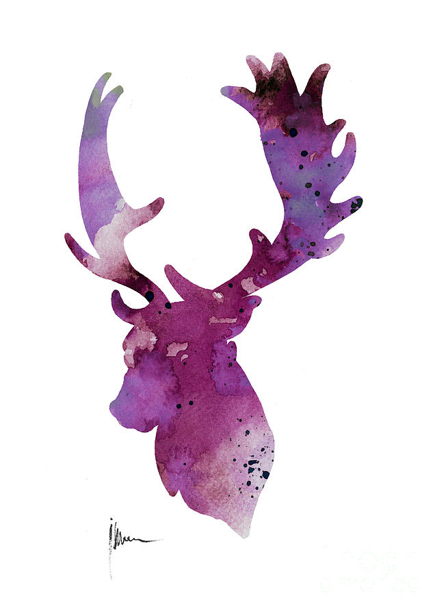 652x900 Purple Deer Head Silhouette Watercolor Artwork Painting By Joanna - Watercolor Animal Silhouettes